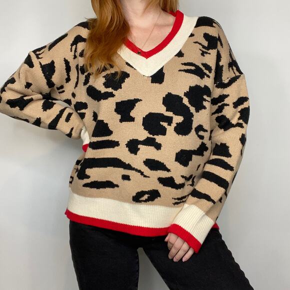 Adora Medium Neutral Black Tan & Red Cheetah/Leopard Print V-Neck Sweater - Picture 1 of 12